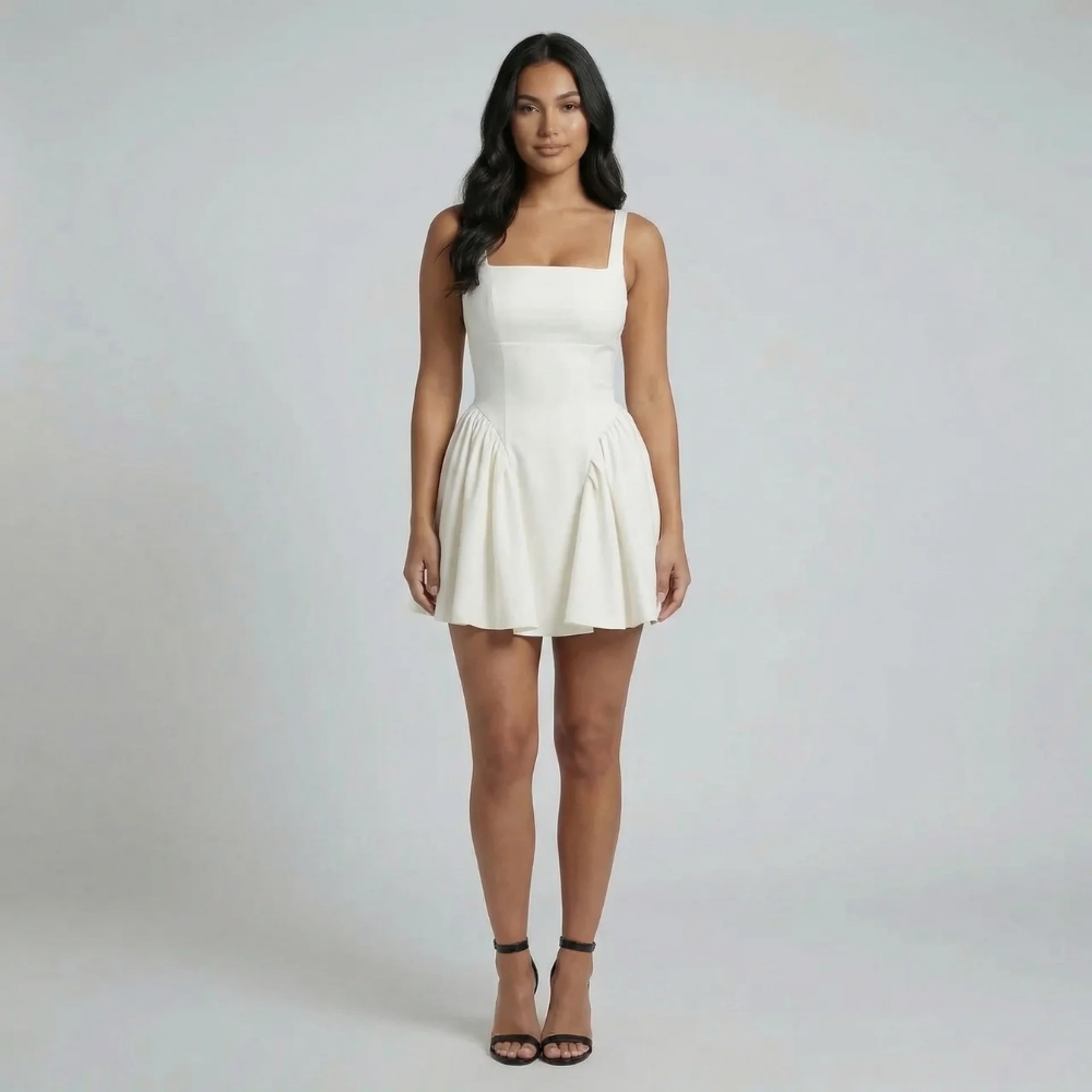 White fit-and-flare mini dress with square neckline and flouncy skirt — front view showing the silhouette.
