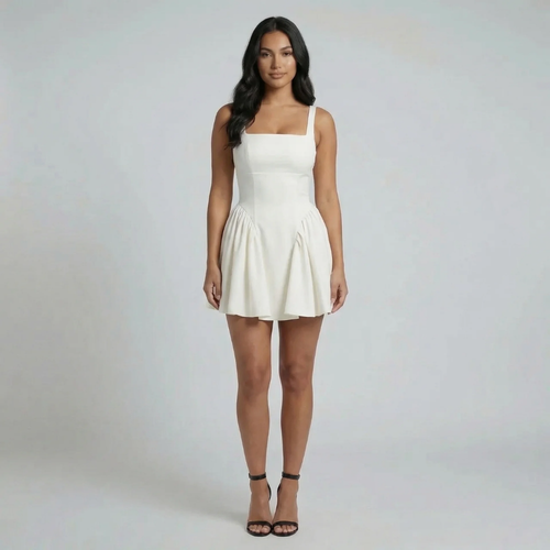 White fit-and-flare mini dress with square neckline and flouncy skirt — front view showing the silhouette.