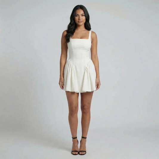 White fit-and-flare mini dress with square neckline and flouncy skirt — front view showing the silhouette.