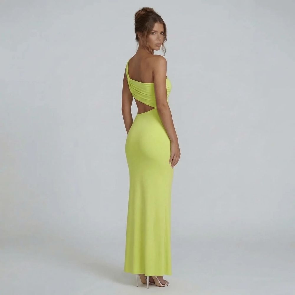 Back view of sage cutout maxi dress highlighting draped features