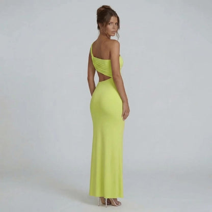 Back view of sage cutout maxi dress highlighting draped features