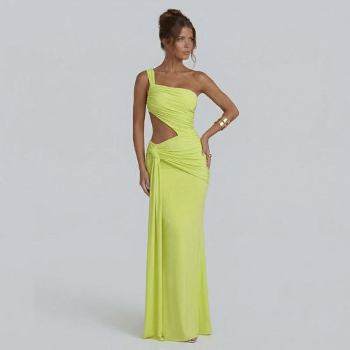 Sage cutout maxi dress with one-shoulder neckline and flowing draped panel