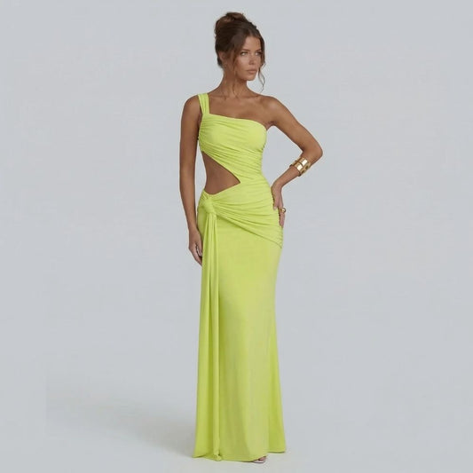 Sage cutout maxi dress with one-shoulder neckline and flowing draped panel