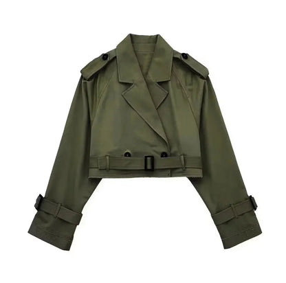 Women beige lapel collar belted jacket, detail