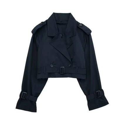 Women beige lapel collar belted jacket, detail close-up