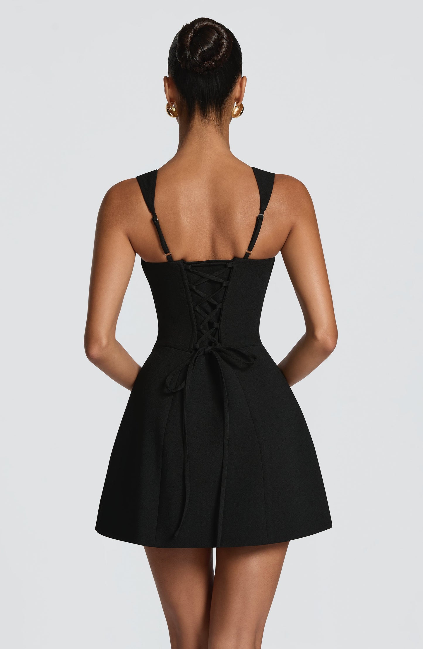 Women black square neck mini dress, back view