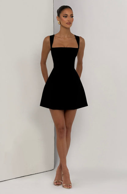 Women black square neck mini dress, front view