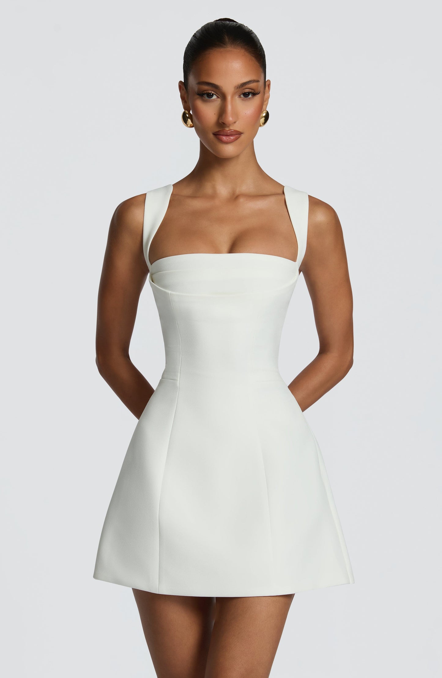 Women ivory square neck mini dress, back view
