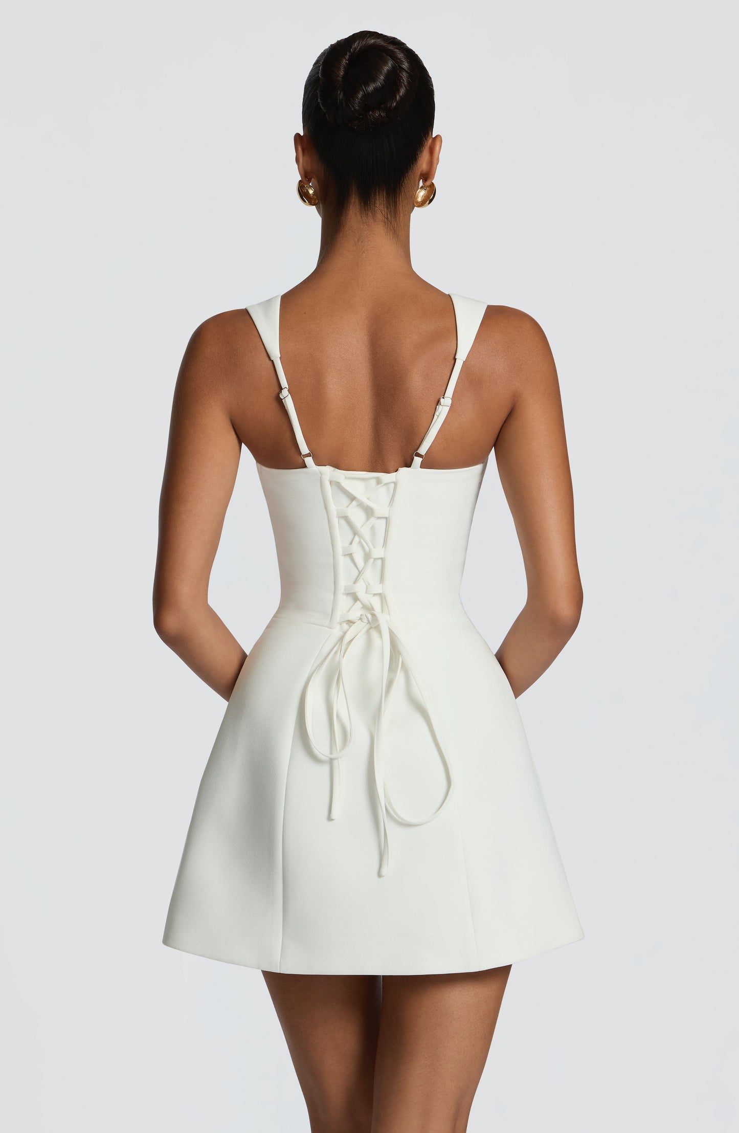 Women ivory square neck mini dress, side view