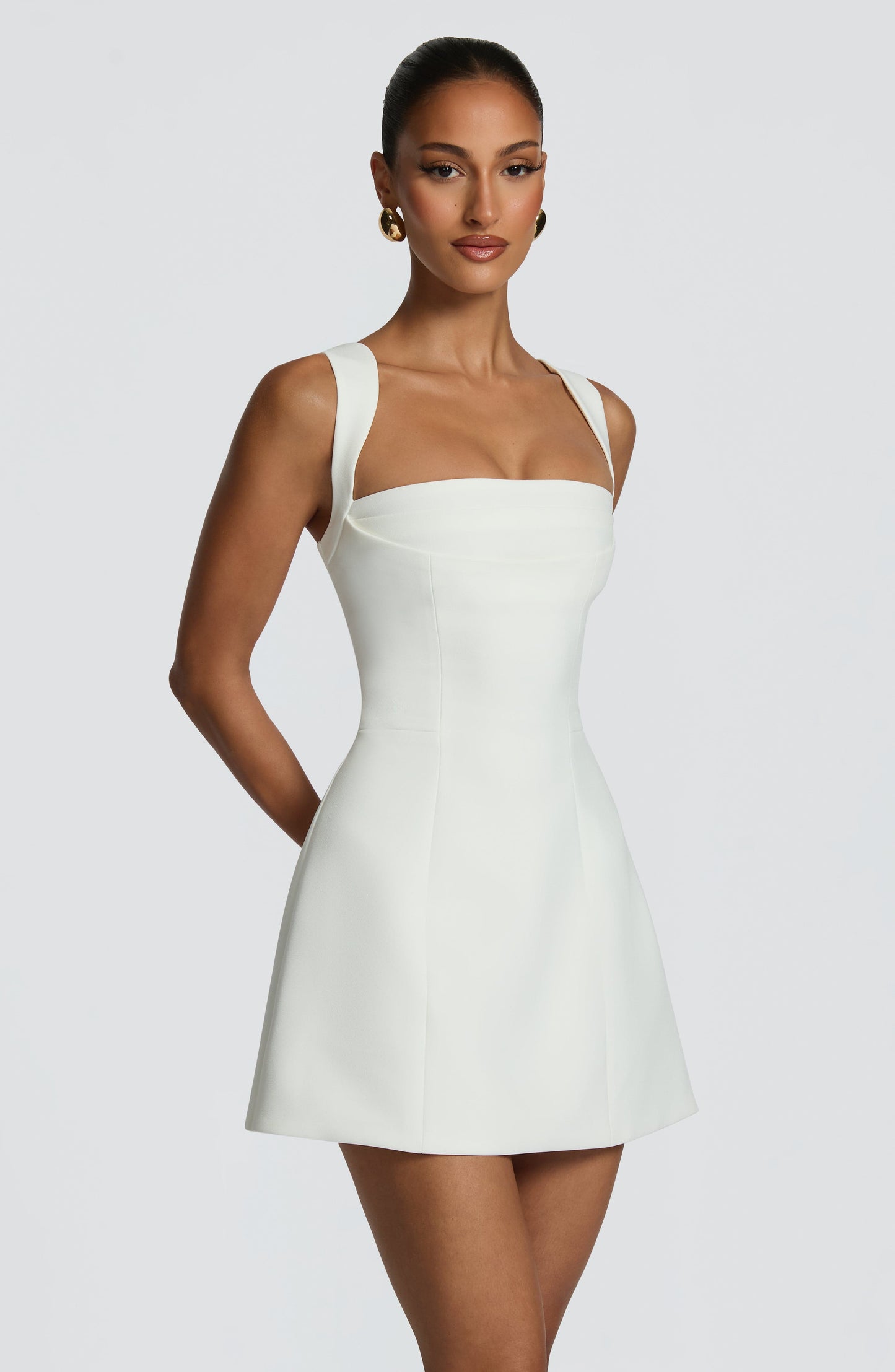 Women ivory square neck mini dress, detail close-up