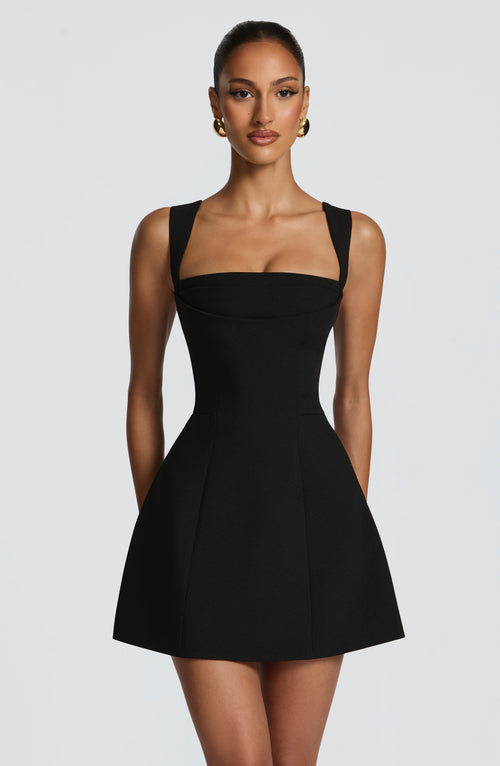 Women black square neck mini dress, front view