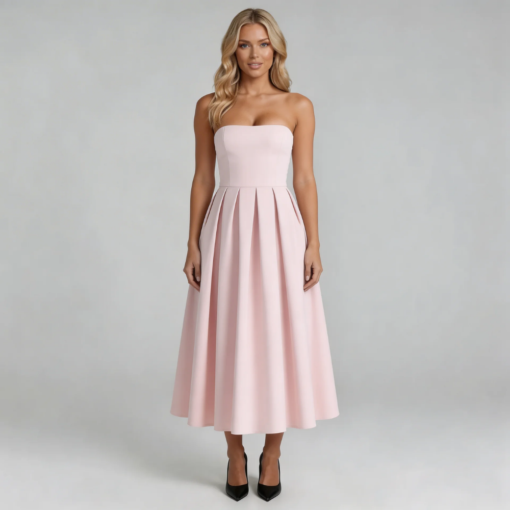 Pink strapless pleated midi dress — front view showcasing neckline and flowing skirt