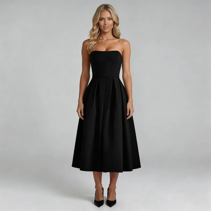Black strapless pleated midi dress — front view showing full skirt and structured bodice