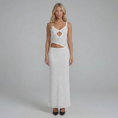 White crochet mesh maxi dress with V-neckline and cutout waist — front view.