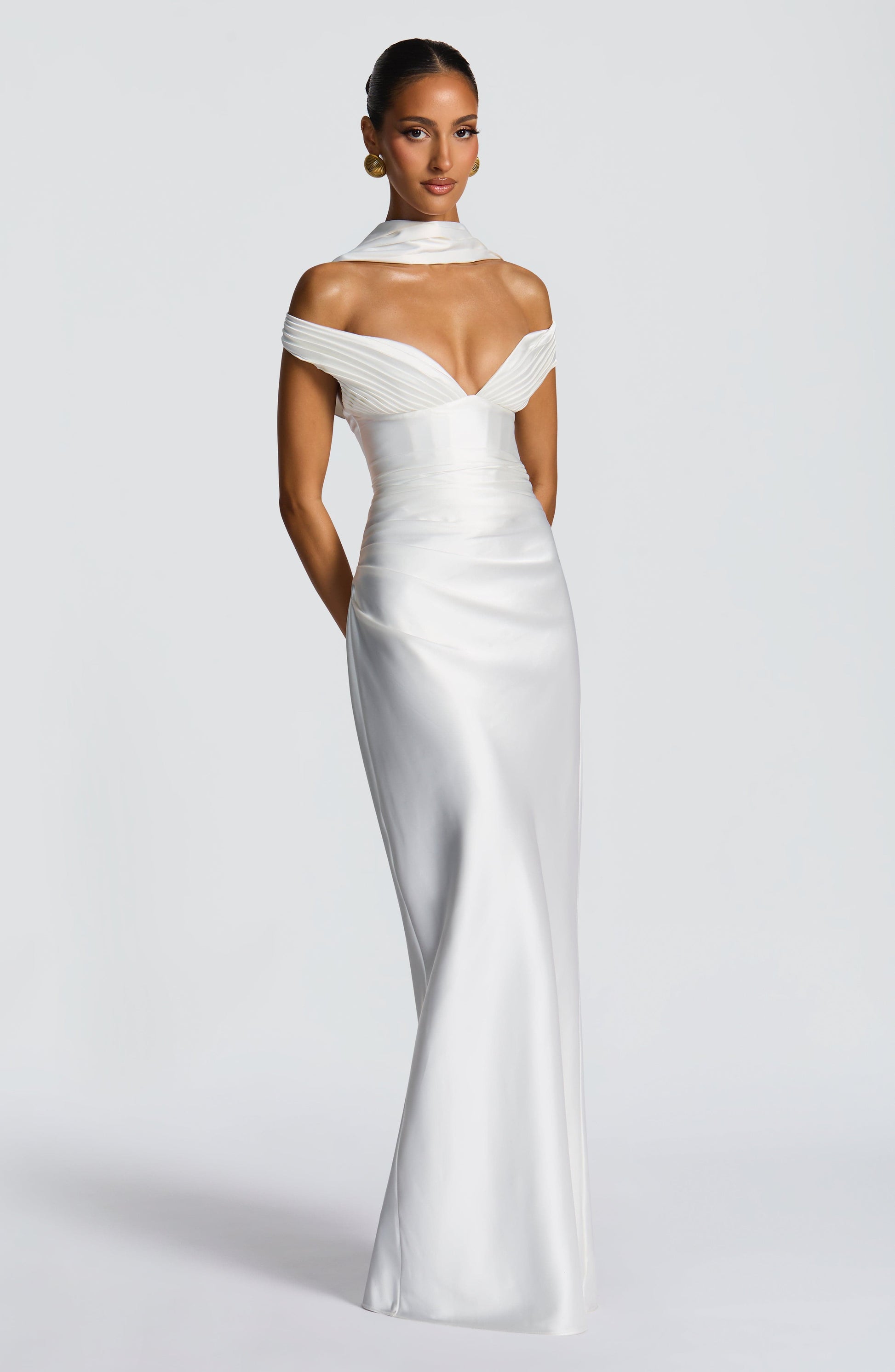 Women ivory bardot maxi dress, back view