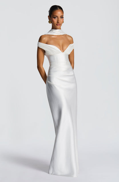 Women ivory bardot maxi dress, back view