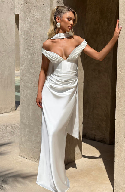 Women ivory bardot maxi dress, side view
