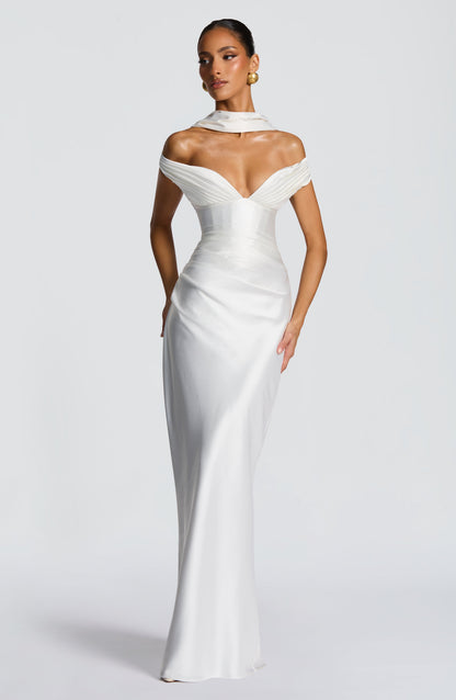 Women ivory bardot maxi dress, detail close-up