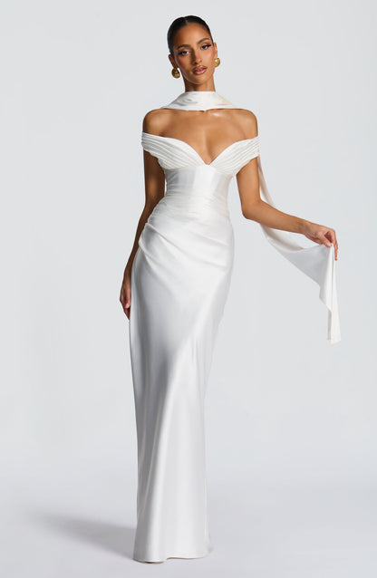 Women ivory bardot maxi dress, front view