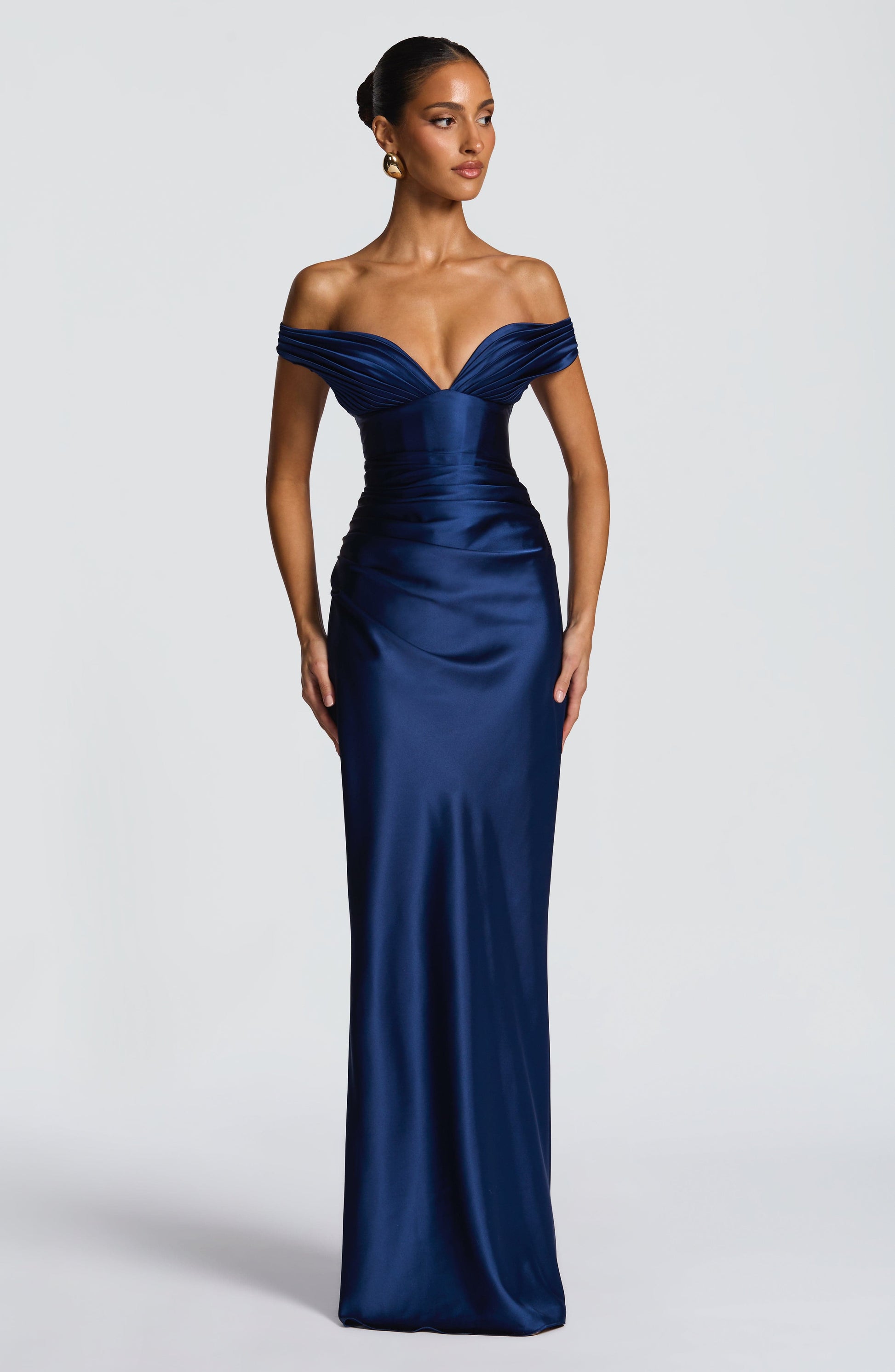 Women navy bardot maxi dress, back view