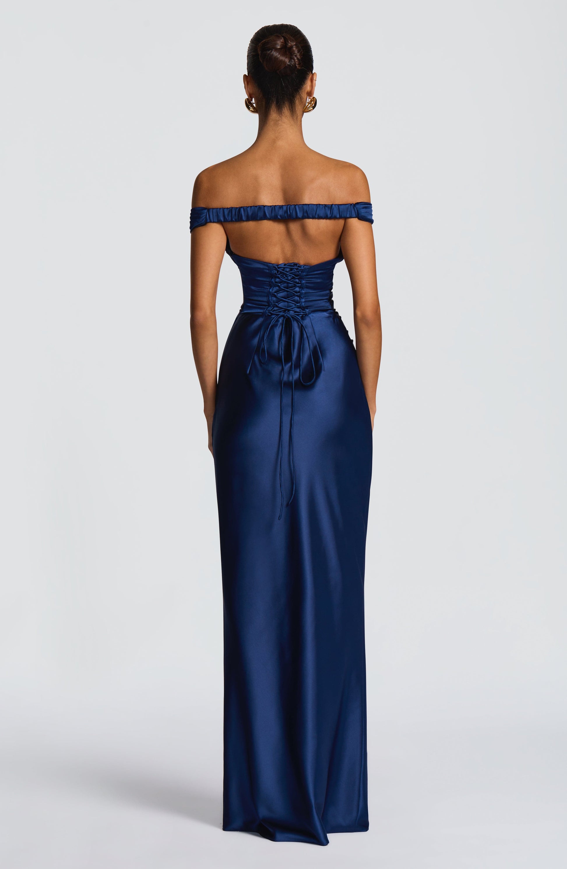 Women navy bardot maxi dress, side view