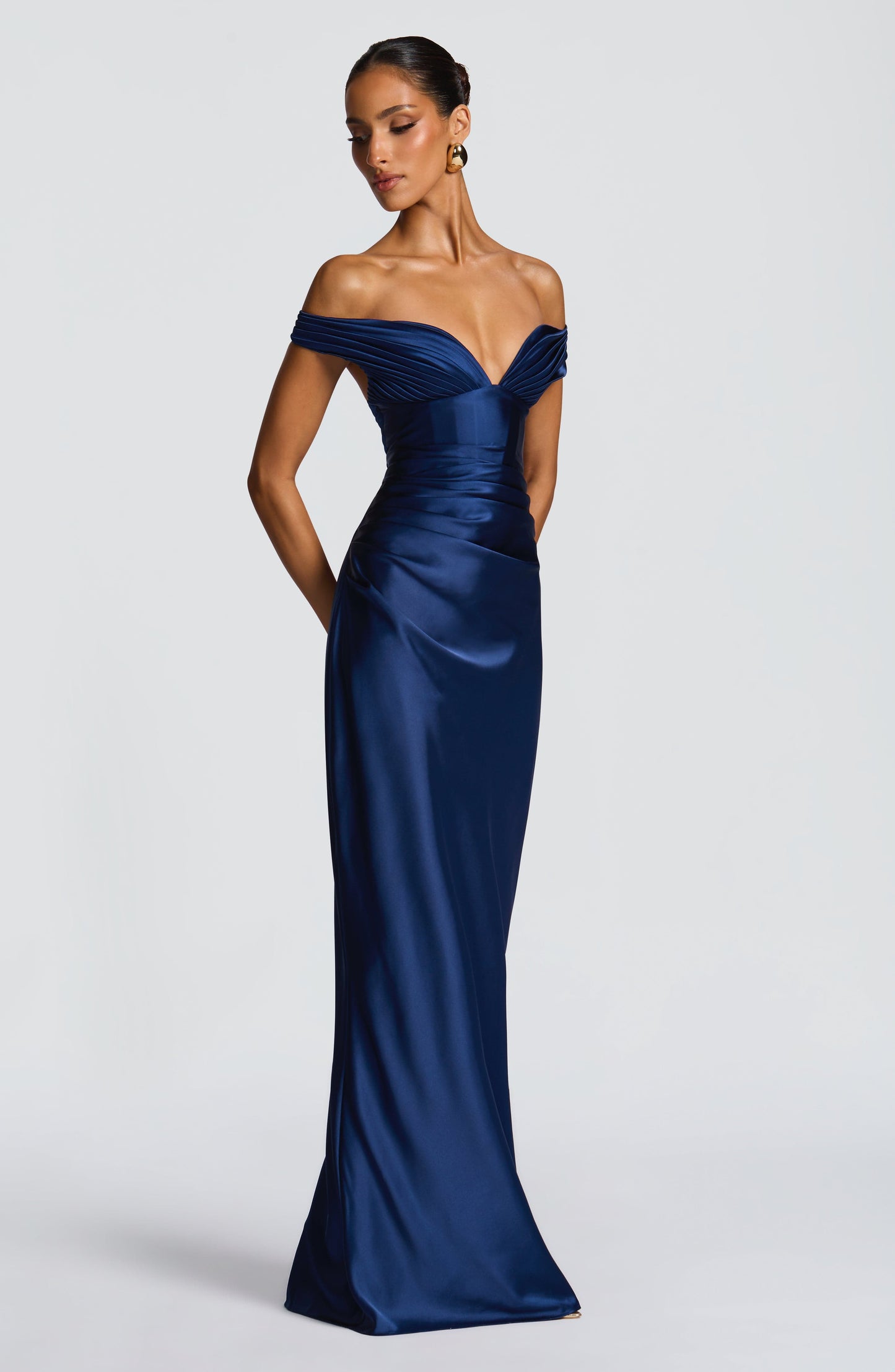Women navy bardot maxi dress, back view