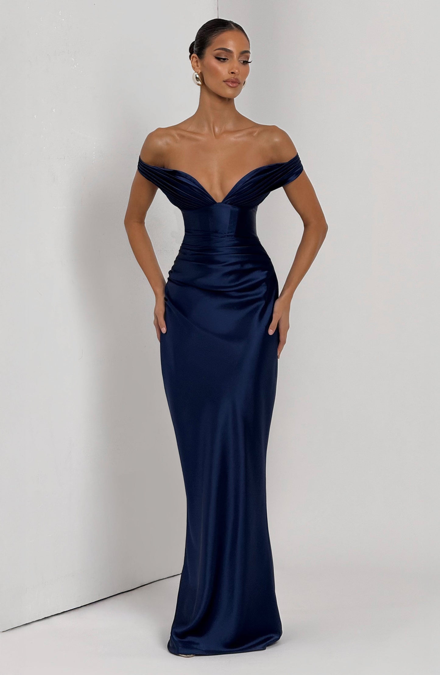 Women navy bardot maxi dress, side view