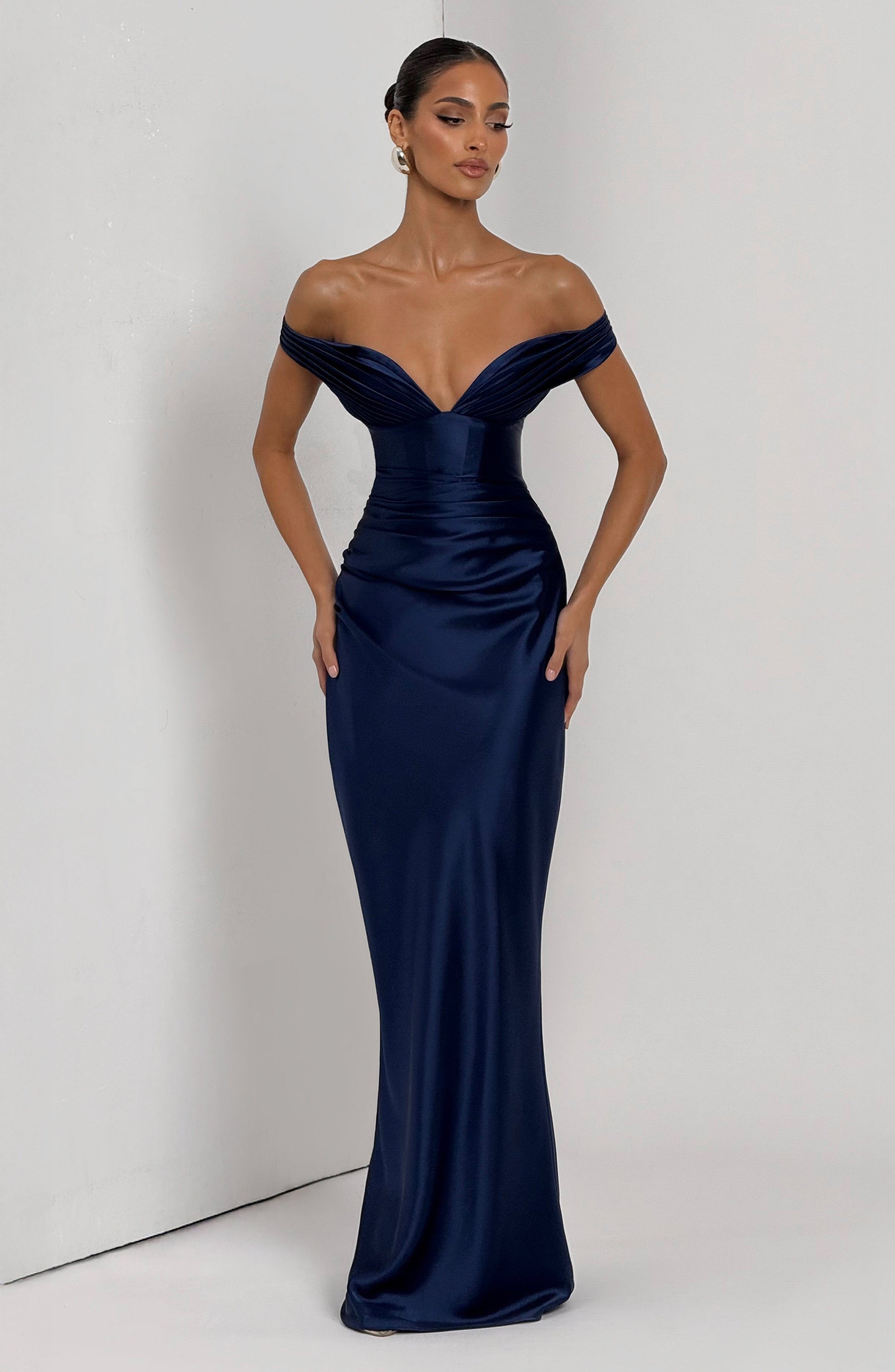Women navy bardot maxi dress, side view
