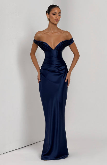 Women navy bardot maxi dress, side view