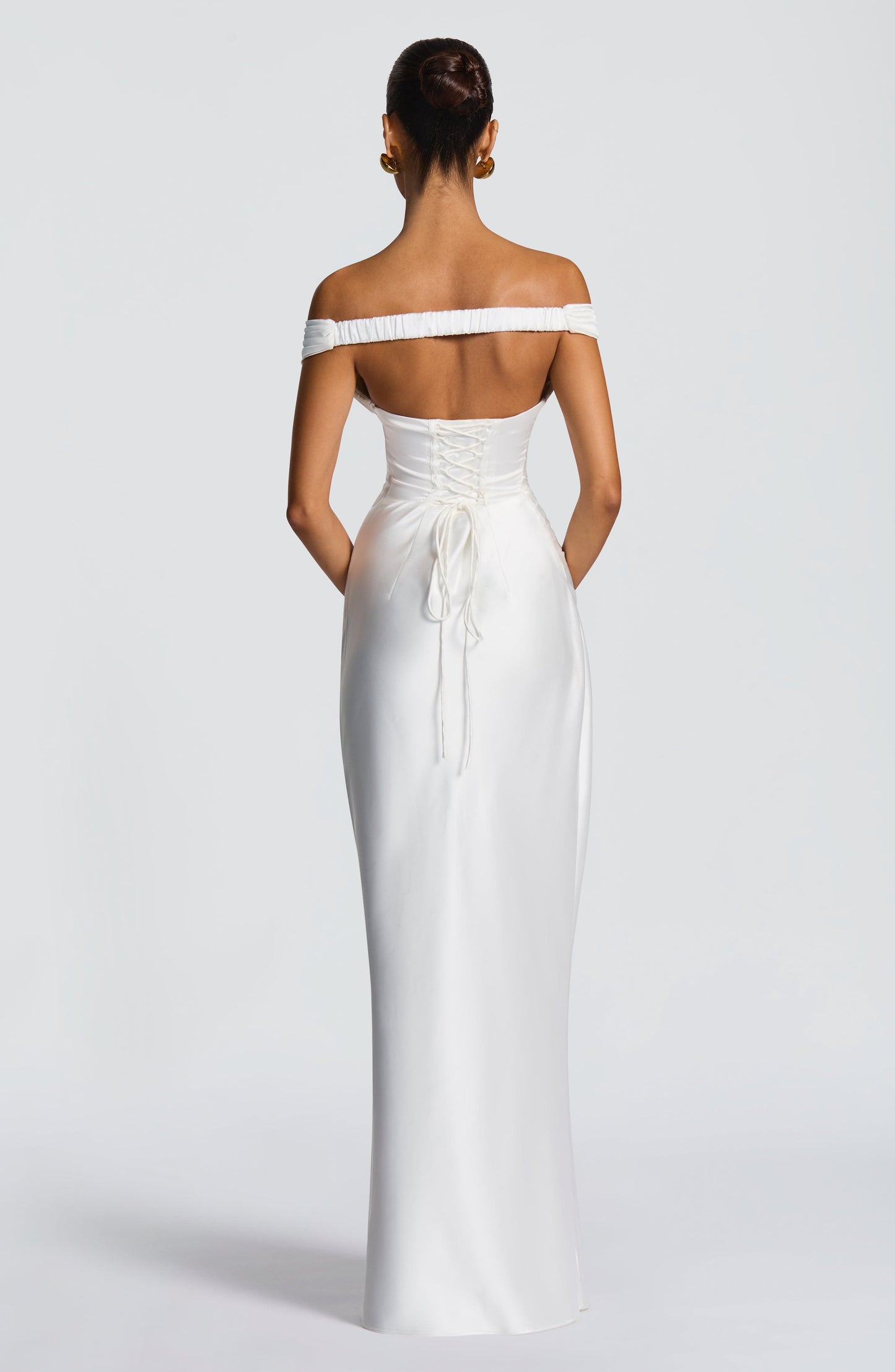 Women ivory bardot maxi dress, back view