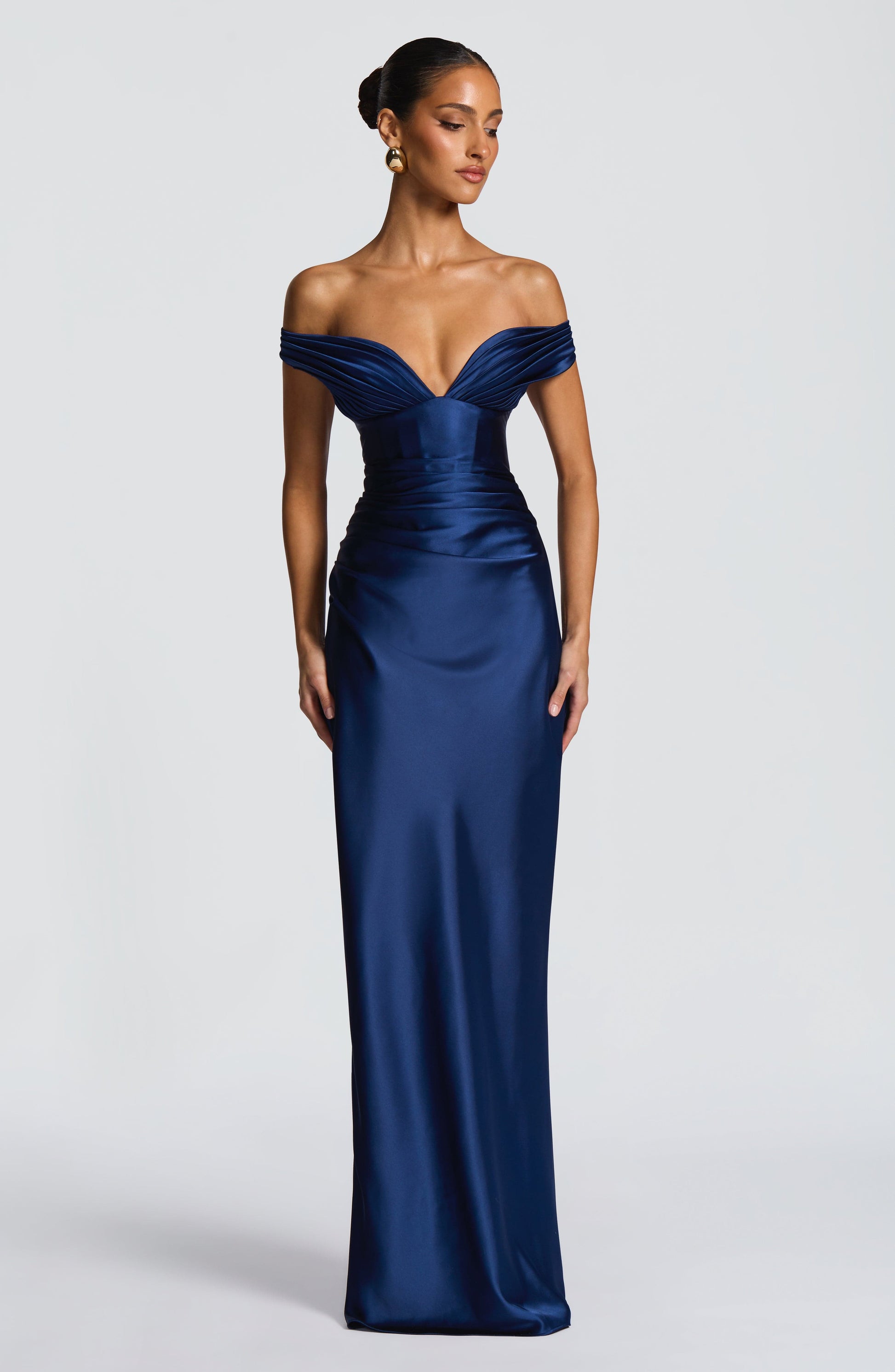 Women navy bardot maxi dress, detail close-up