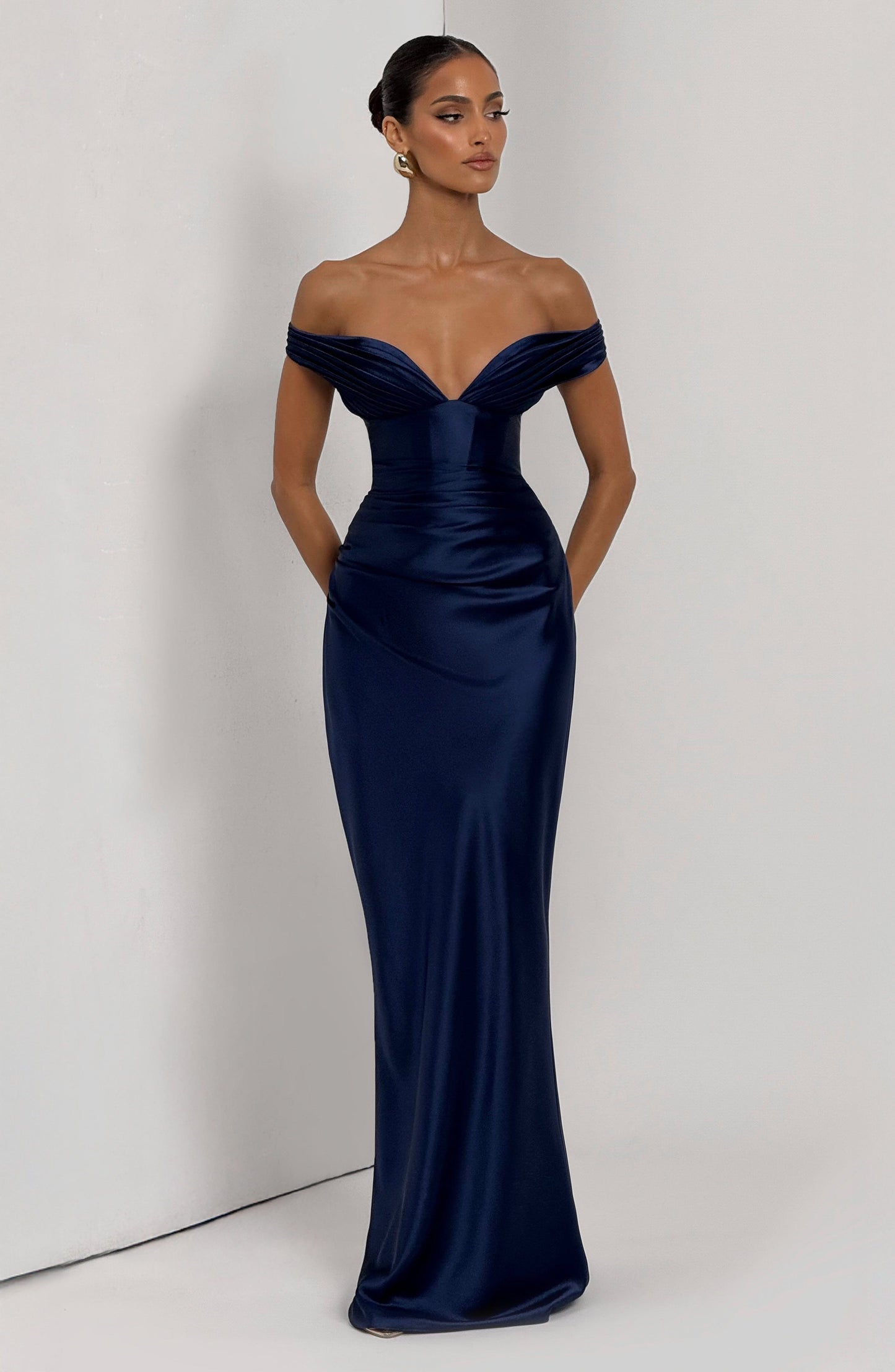 Women navy bardot maxi dress, back view