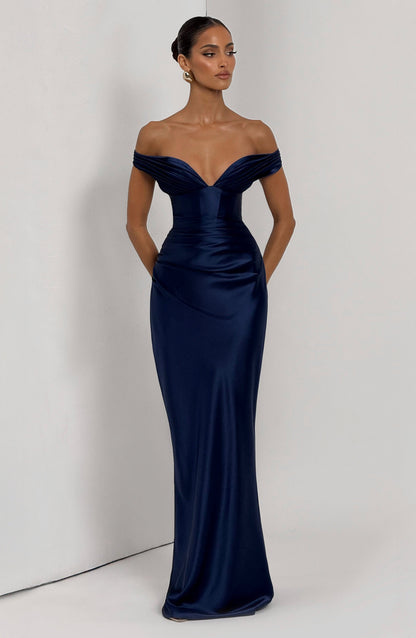 Women navy bardot maxi dress, back view