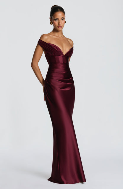 Women bardot maxi dress, front view