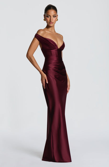 Women bardot maxi dress, back view
