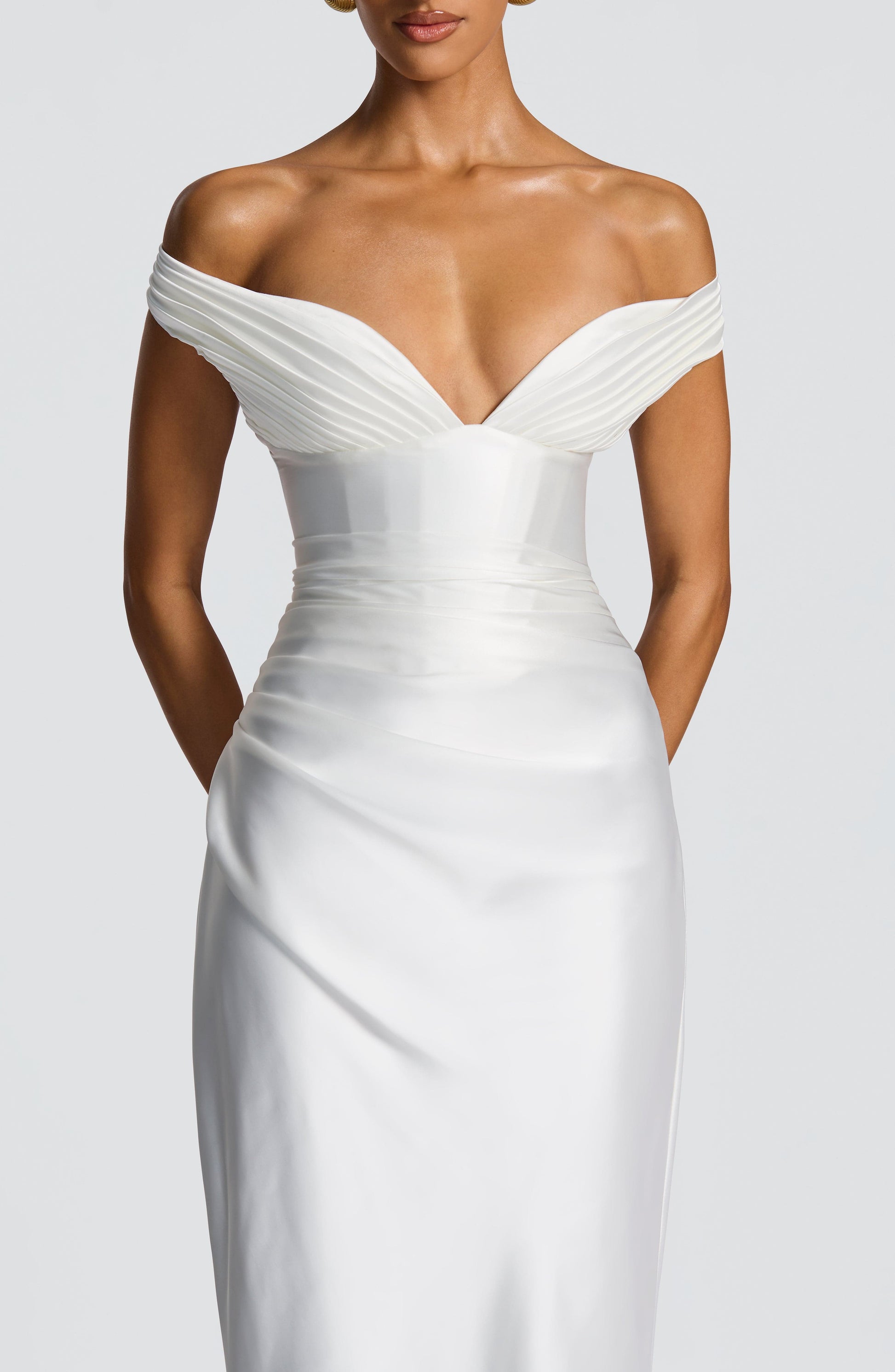 Women ivory bardot maxi dress, side view