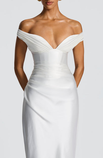 Women ivory bardot maxi dress, side view