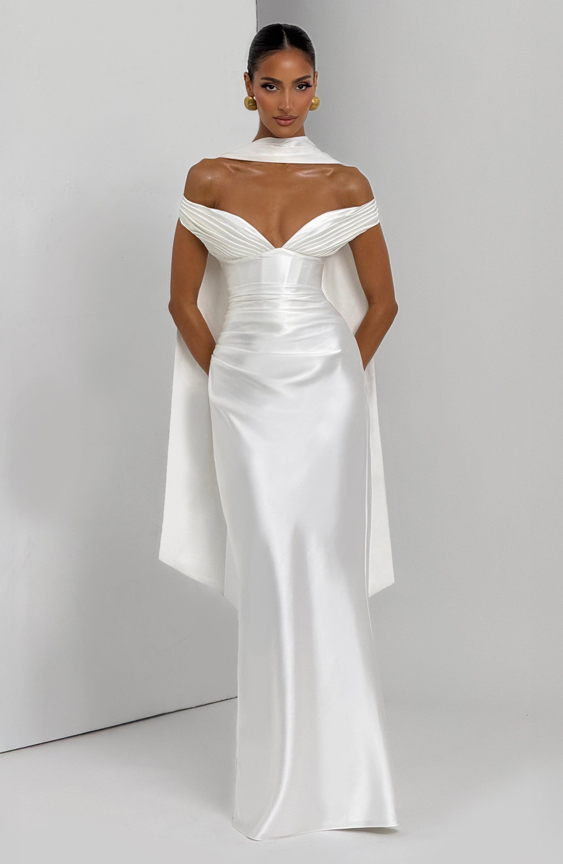 Women ivory bardot maxi dress, front view