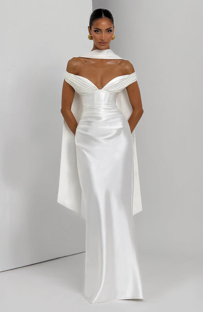 Women ivory bardot maxi dress, front view