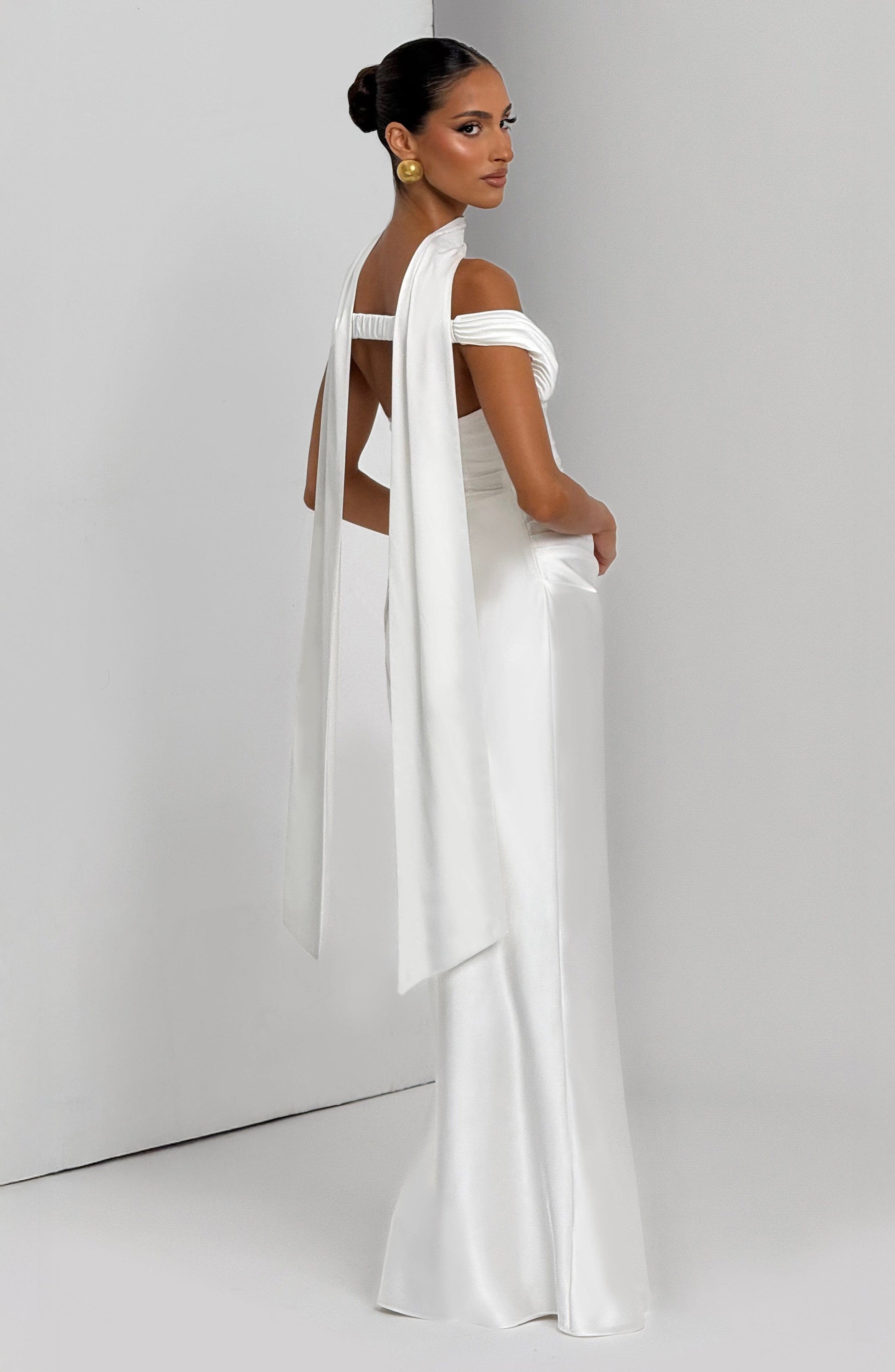 Women ivory bardot maxi dress, back view