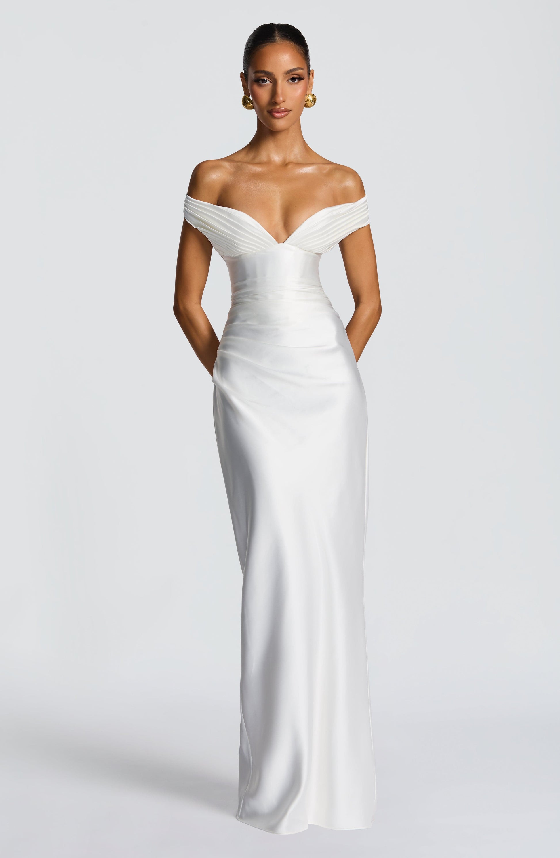 Women ivory bardot maxi dress, side view