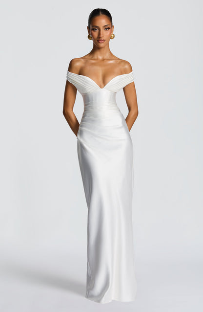 Women ivory bardot maxi dress, side view
