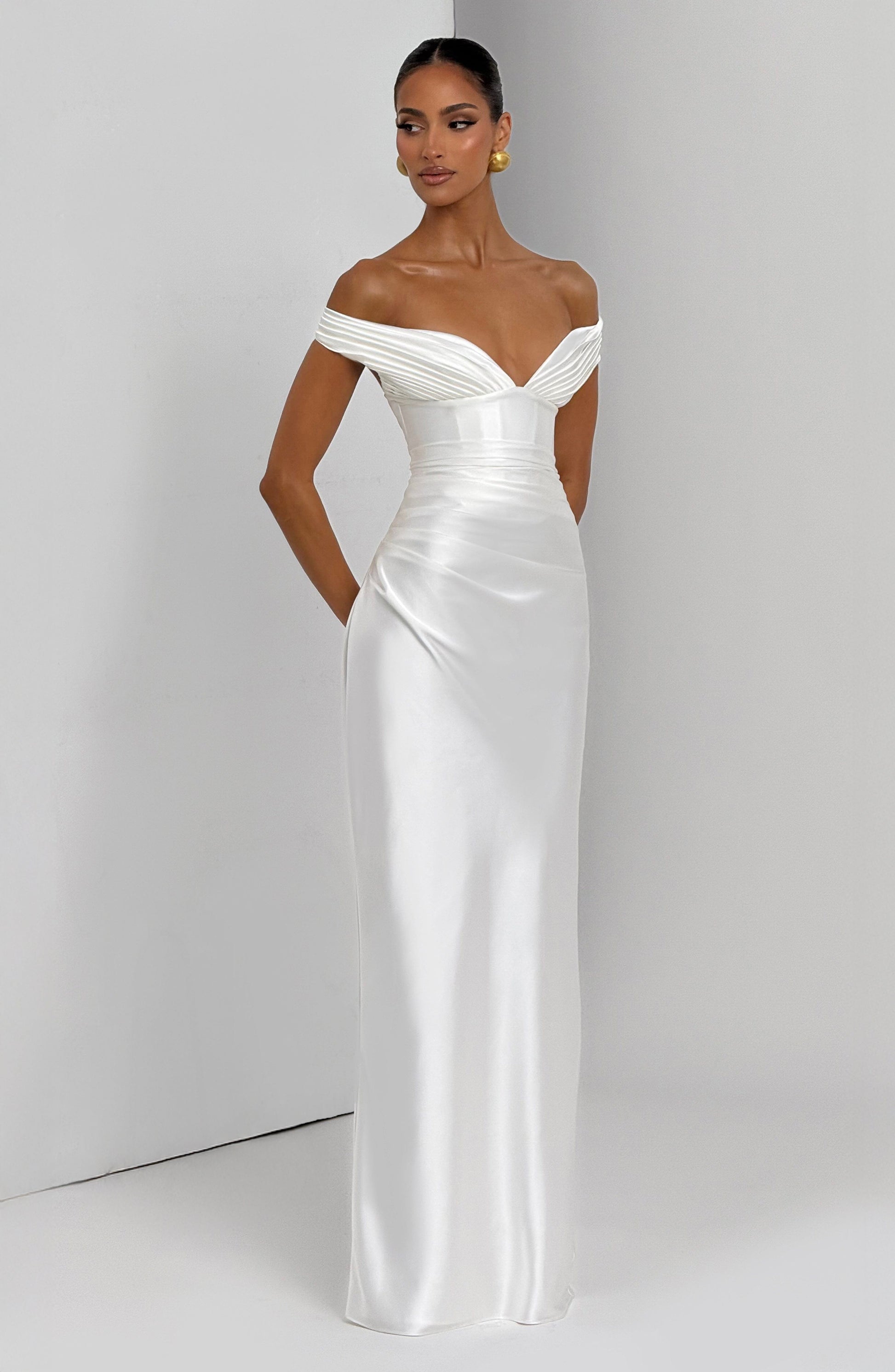 Women ivory bardot maxi dress, detail close-up