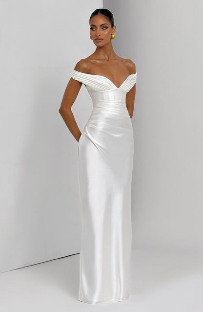 Women ivory bardot maxi dress, detail close-up