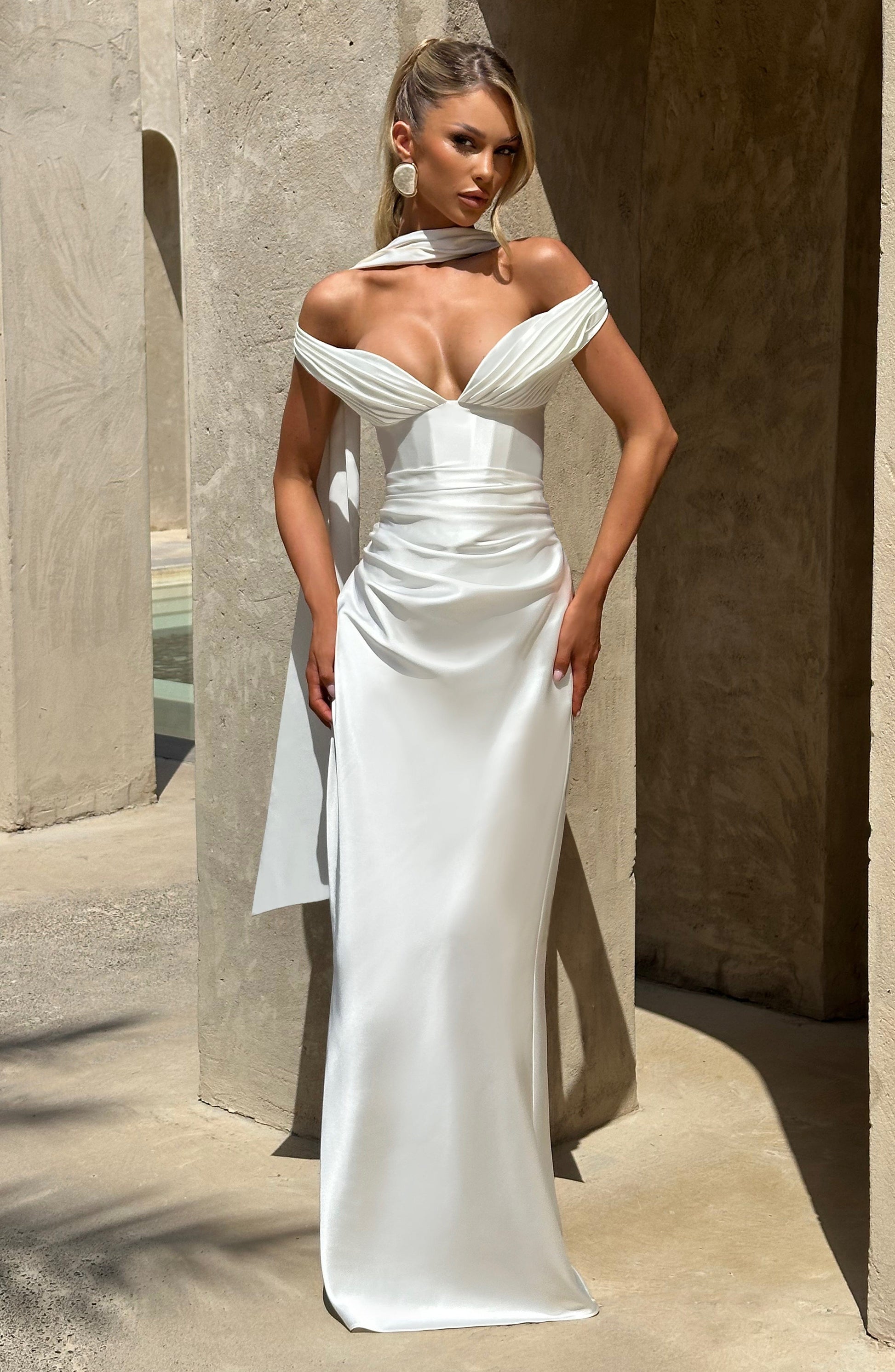 Women ivory bardot maxi dress, front view