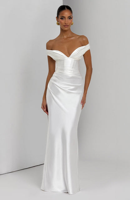 Women ivory bardot maxi dress, front view