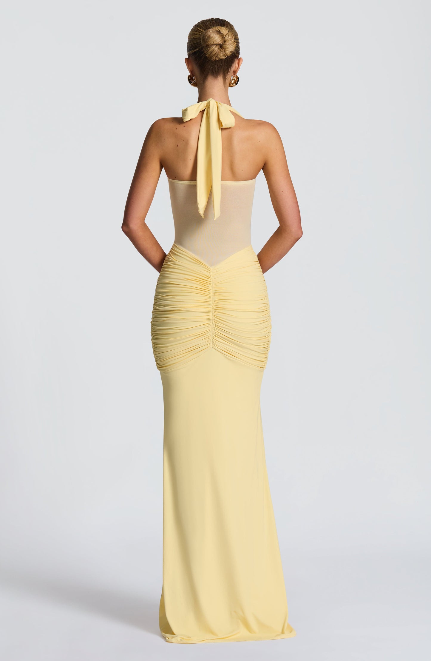 Women ruched maxi dress, side view