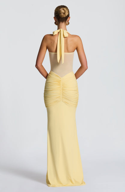 Women ruched maxi dress, side view