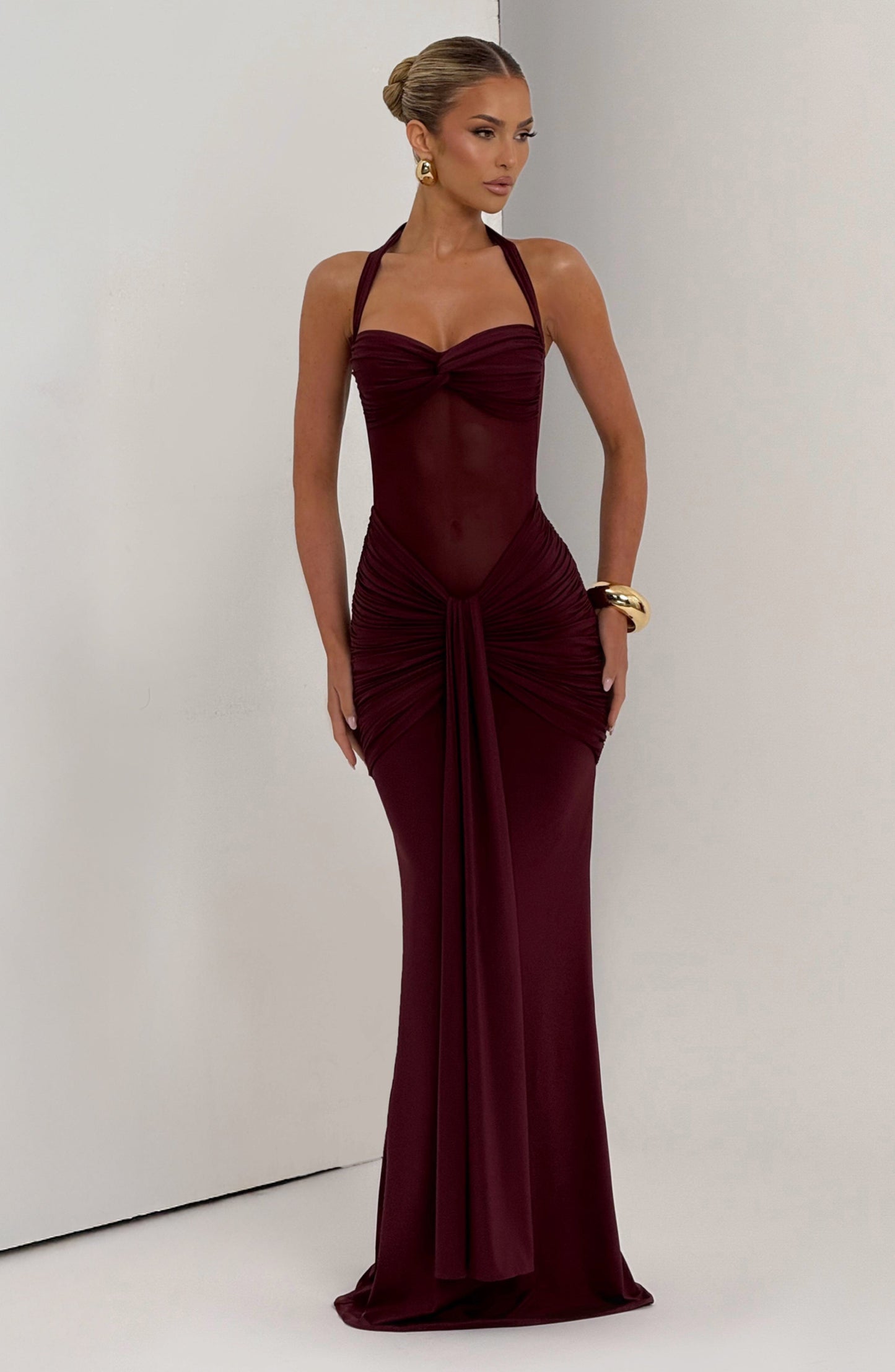 Women ruched maxi dress, back view