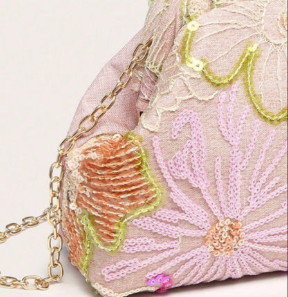 Wanda Embroidered Sequin Clutch in Pink